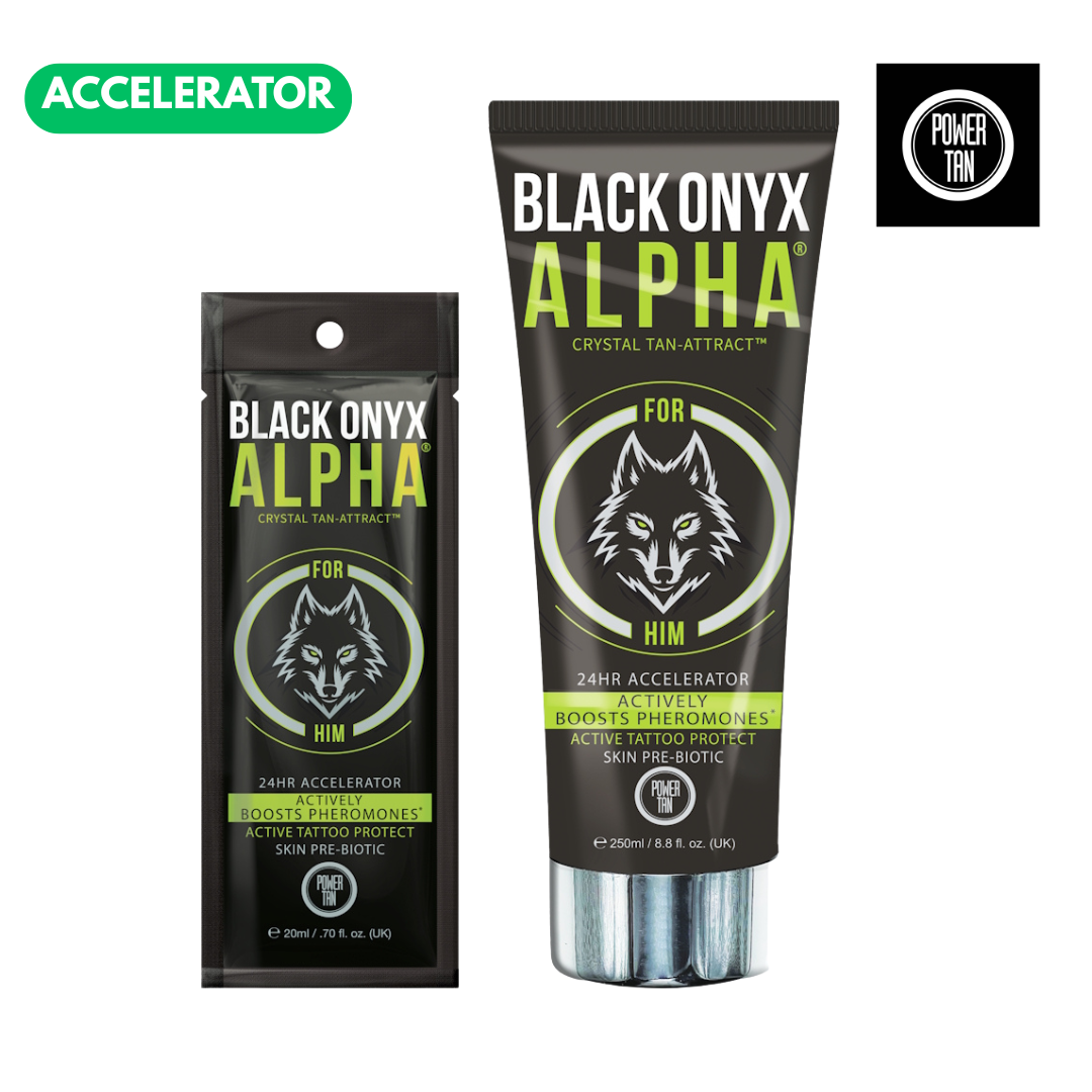Power Tan Black Onyx ALPHA 24HR Accelerator Tanning Lotion 250ml – Modern Masculine Presence Fragrance - product photograph