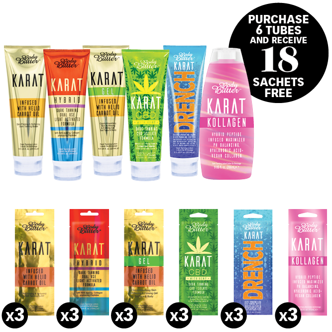 Body Butter Karat 2026 Accelerator Intro Deal six bottles eighteen sachets official product photo
