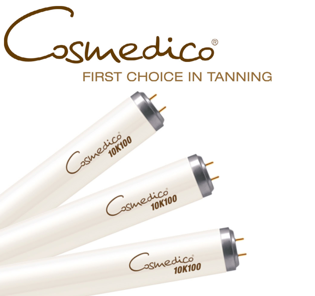 Cosmedico 10K100 genuine tanning tube family photo, model illustration; confirm required wattage and UV code