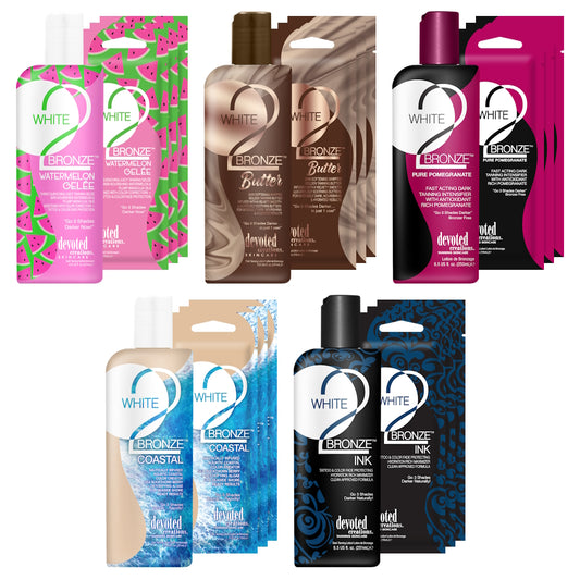 Devoted Creations White 2 Bronze Soho Deal 2025 - Exclusive Bundle: 5 Premium Tanning Bottles + 15 Free Sachets