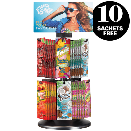 Fiesta Sun Fruity Rotating Sachet Deal 2026, 60 sachets plus display stand – exact supplier image