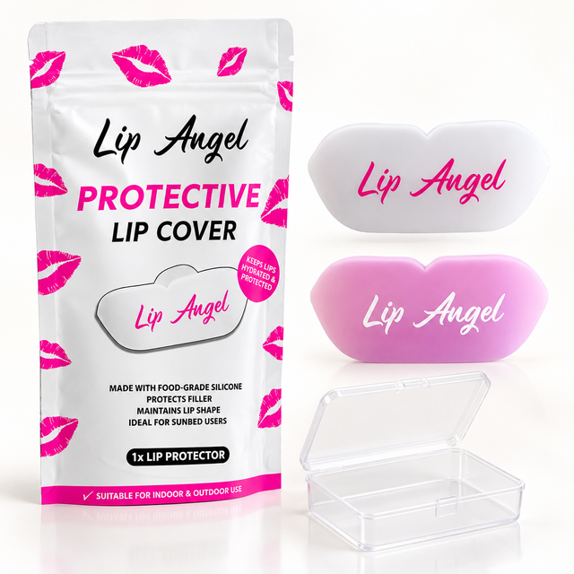 Lip Angel protective silicone lip covers: white and pink variants, branded retail pouch, free clear storage case — studio photograph