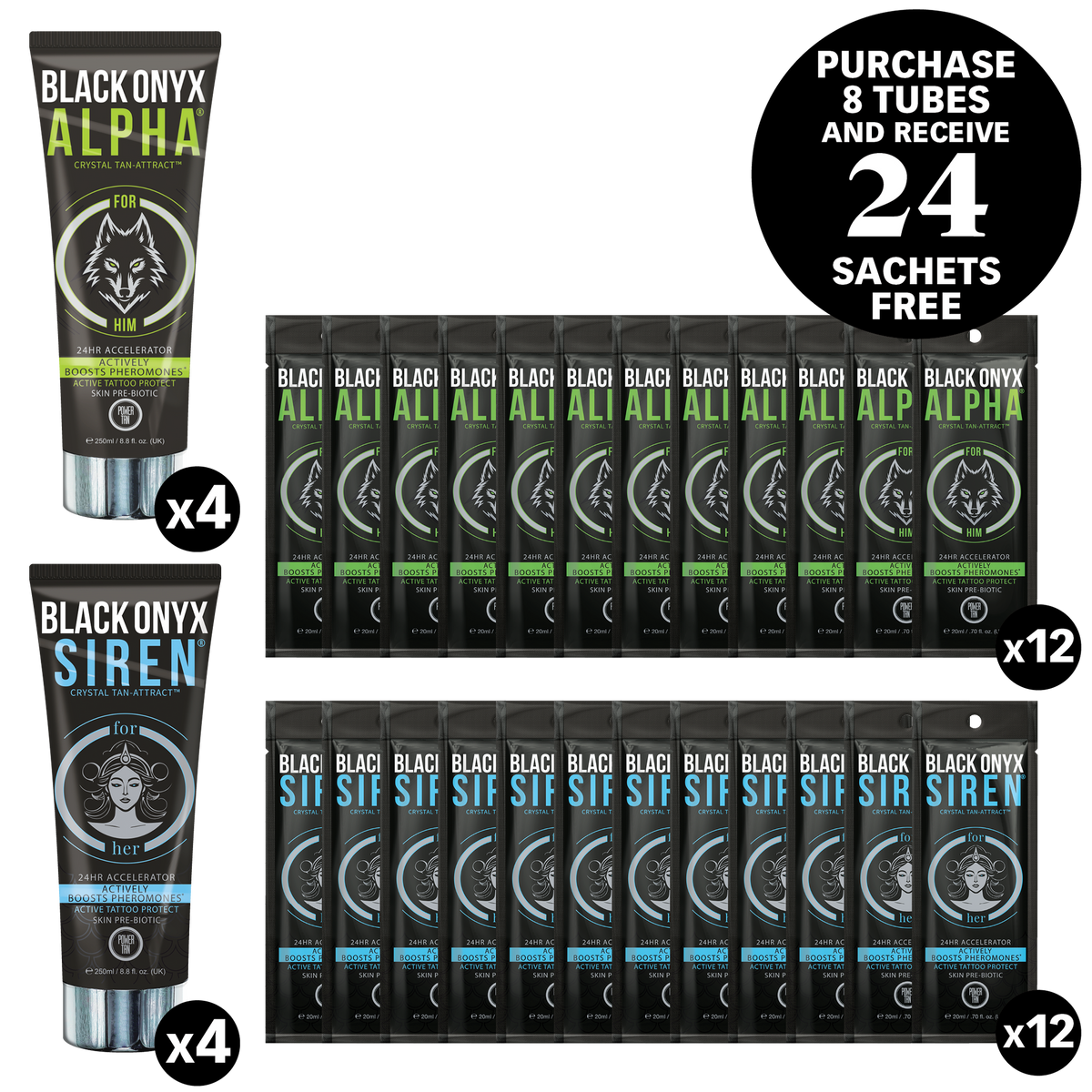 Power Tan Alpha and Siren original supplier 32-piece promotional image showing 8 tubes and 24 sachets