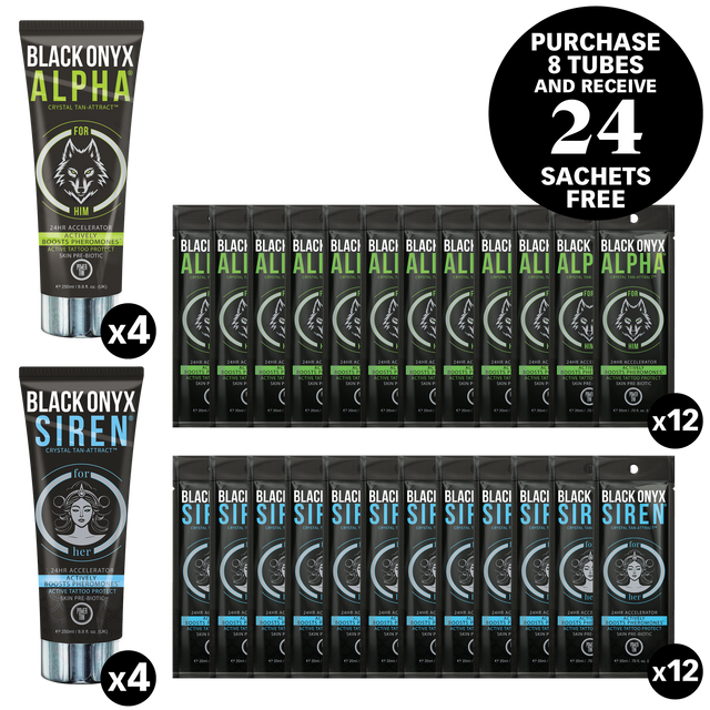 Power Tan Alpha and Siren original supplier 32-piece promotional image showing 8 tubes and 24 sachets