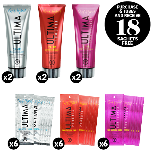Power Tan Ultima 24-piece set genuine supplier deal photograph: 6×250ml tubes and 18×20ml sachets