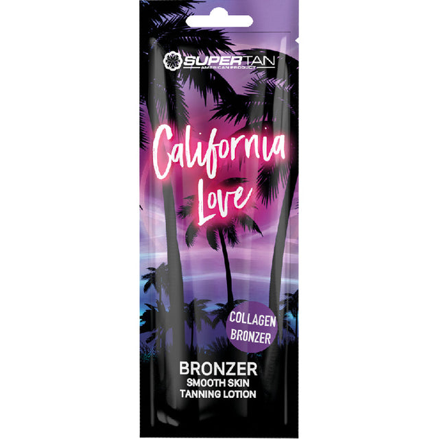 Genuine SuperTan California Love 15ml sachet, representative formula image, not a full 12-piece bundle photograph
