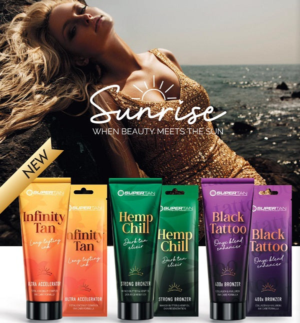 Original SuperTan Sunrise range: Infinity Tan, Hemp Chill and Black Tattoo tubes and sachets (illustrative range photograph, not all 12 items)