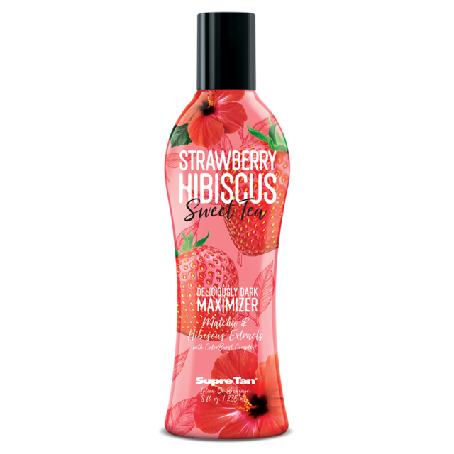 Supre Tan Strawberry Hibiscus Sweet Tea dark tanning maximizer 235ml bottle pink packaging