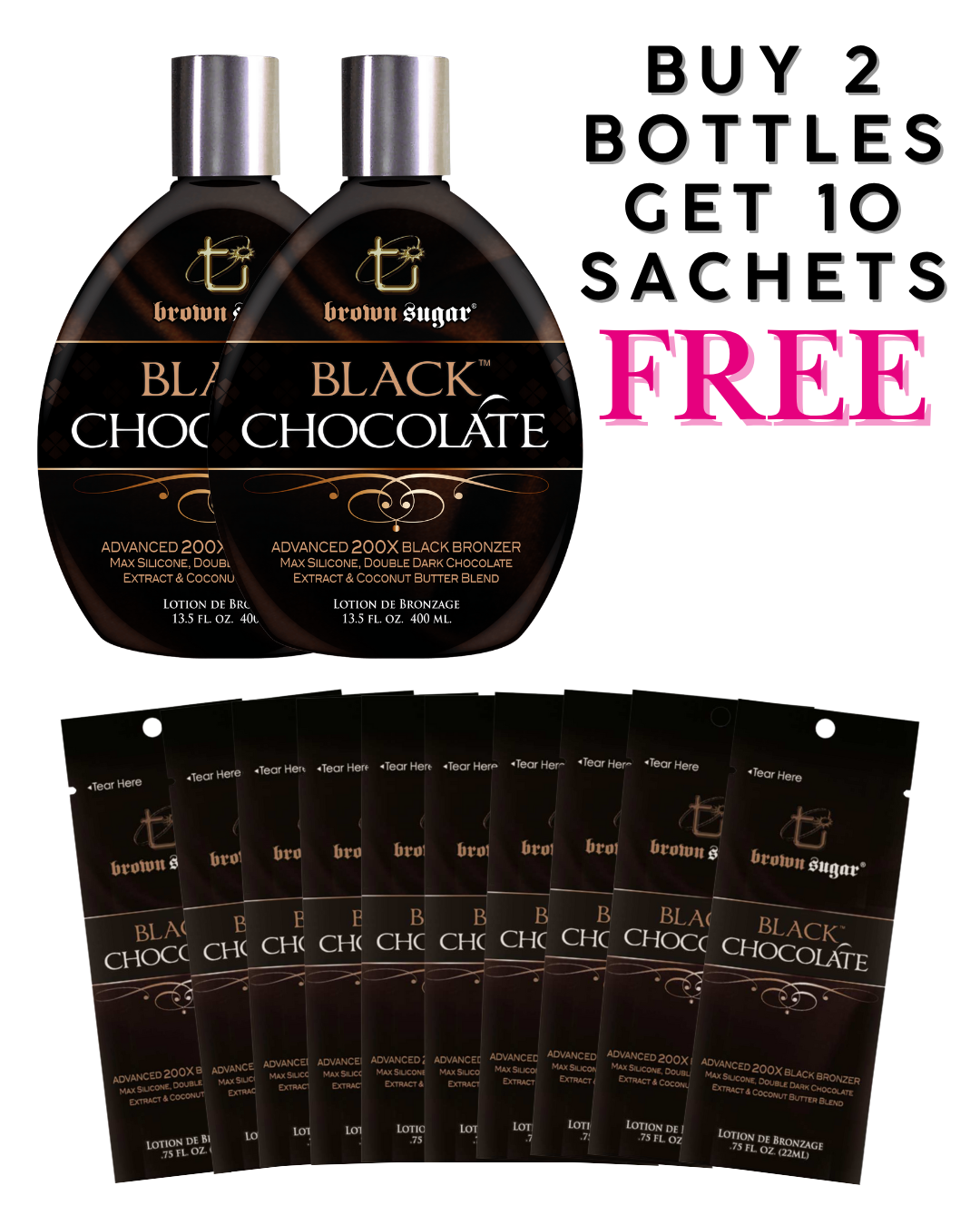 Tan Incorporated Black Chocolate salon package, original BlissDirect promotional image: 2×400ml bottles and 10×22ml sachets
