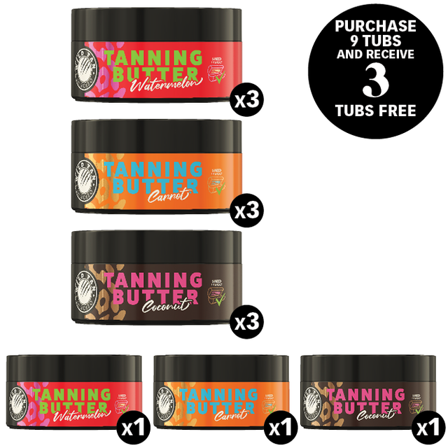 Wild Tan by Soleo 12-piece tanning butter deal, genuine supplier group photo showing Watermelon, Carrot and Coconut 150ml tubs