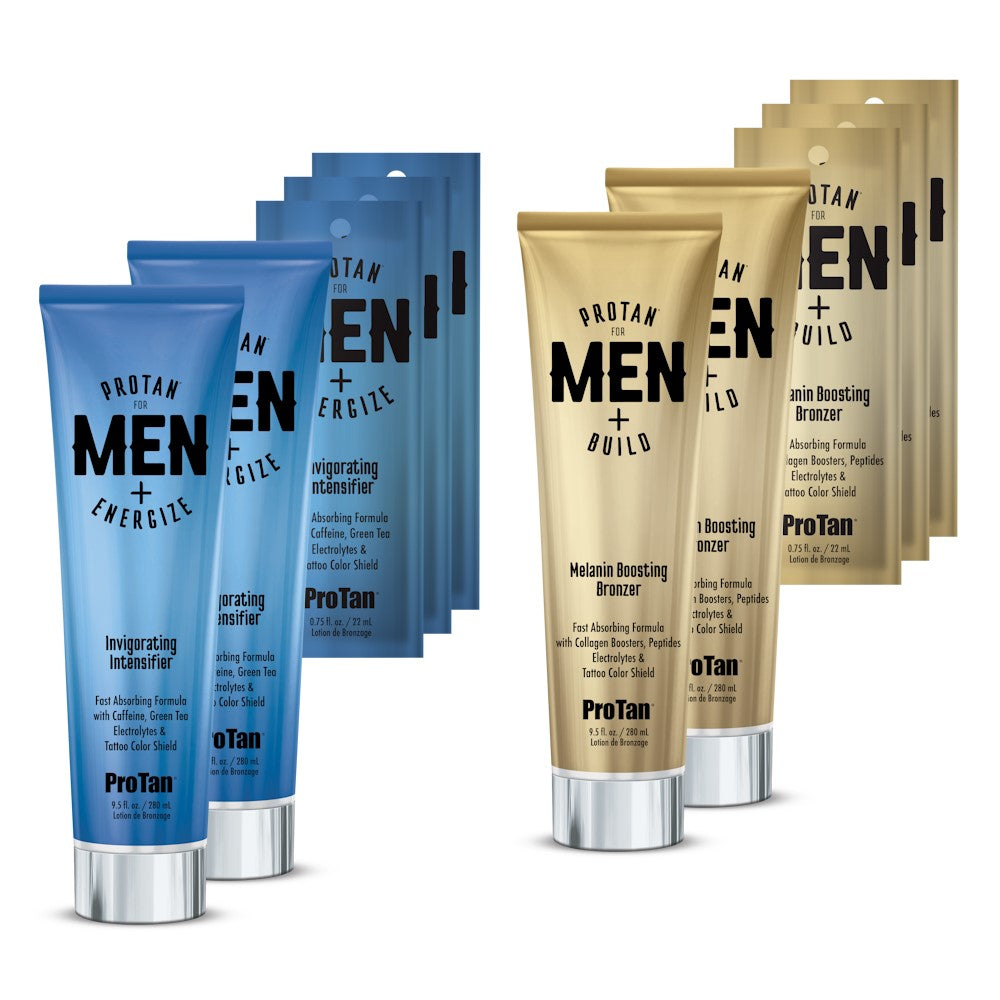 Pro Tan for Men+ bundle with Energize and Build bottles and sachets