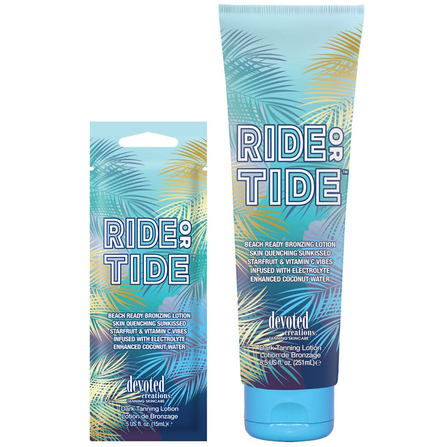Devoted Creations Ride or Tide – Beach Ready Bronzer bottle and sachet original manufacturer packaging